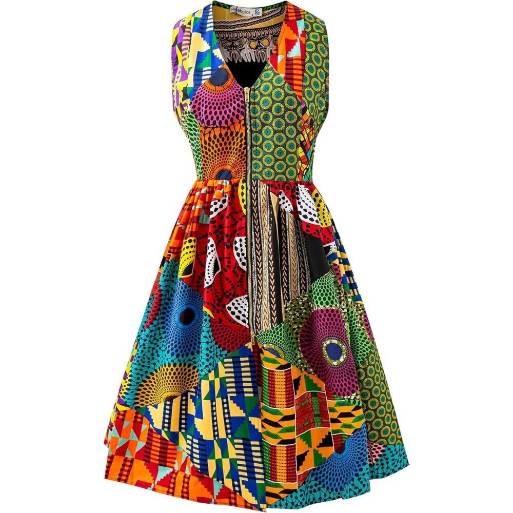 Women's African Ankara Print Dress Vintage V-neck Evening Casual Party Dress